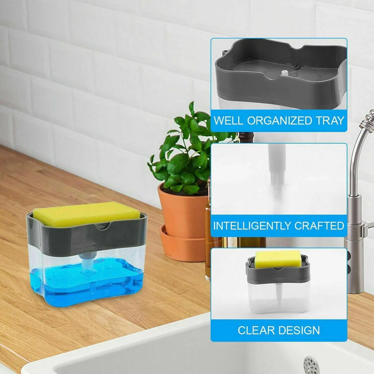 CleanPress Duo - 2 in 1 Soap Dispenser with Sponge Holder (1Pc)